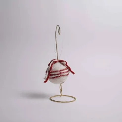 5 Inch Frost Red And White Wool Ball Ornament