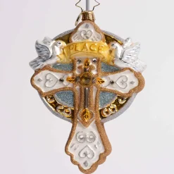 Golden Cross Of Peace Glass Ornament