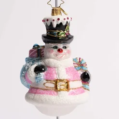 Pink Peppermint Snowman Glass Ornament