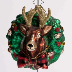 Rustic Reindeer Wreath Glass Ornament